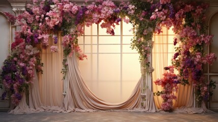 A room with a curtain covered in flowers