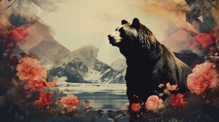 A painting of a bear surrounded by flowers - obrazy, fototapety, plakaty