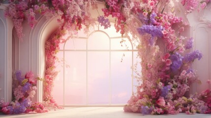 A room with a window and a bunch of flowers