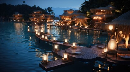 A dock with lit candles on it next to a body of water - obrazy, fototapety, plakaty