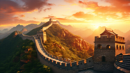 The Great Wall under sunshine during sunset. - obrazy, fototapety, plakaty
