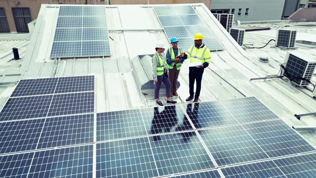 Engineering, Team Or Aerial View With Solar Panel Outdoor For Construction, Design And Inspection. Photovoltaic, People Or Planning Or Blueprint With Discussion, Conversation Or Collaboration On Roof