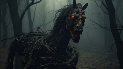 An undead twisted evil horse dark forest AI Generated pictures - obrazy, fototapety, plakaty