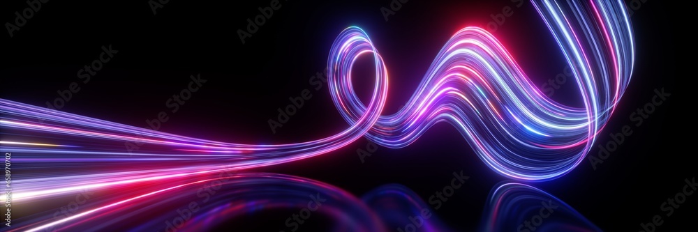 Sticker 3d render. abstract neon background. fluorescent ines glowing in the dark room with floor reflection