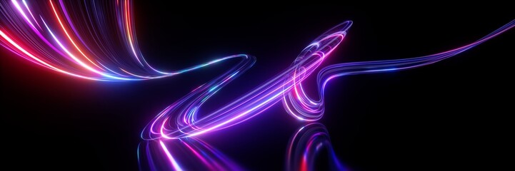 3d render. Abstract background of neon ribbon. Fluorescent ines glowing in the dark room with floor reflection. Fantastic panoramic wallpaper. Digital data transfer. Energy concept - obrazy, fototapety, plakaty