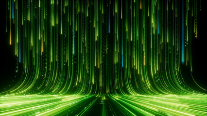 3d render. Abstract background of green neon lines sliding down. Modern digital wallpaper. Streaming glowing particles - obrazy, fototapety, plakaty