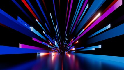 3d render. Abstract background of blue punk neon stripes and ribbons perspective view. Modern firework wallpaper