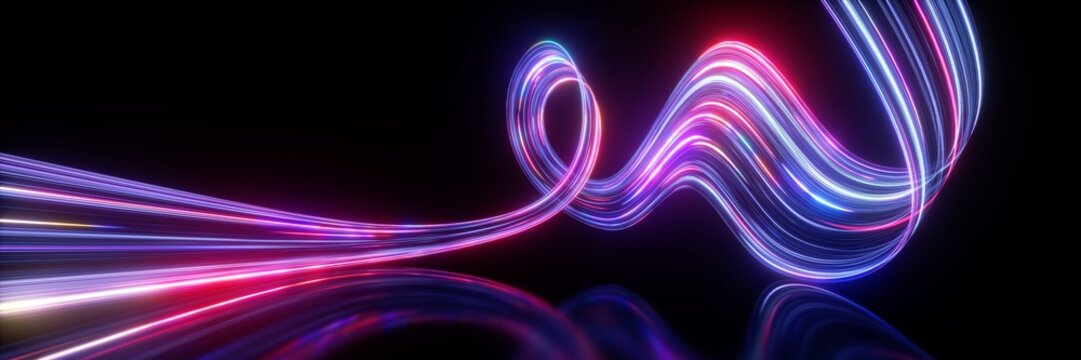 3d render. Abstract neon background. Fluorescent ines glowing in the dark room with floor reflection. Virtual dynamic curvy ribbon. Fantastic panoramic wallpaper. Digital data transfer. Energy concept