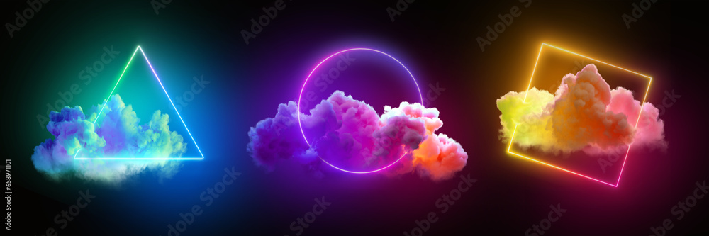 Sticker 3d render. set of neon geometric shapes and colorful clouds. abstract background. fantasy design ele