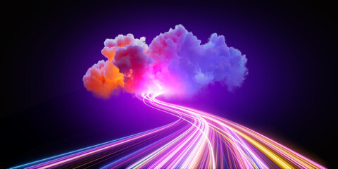 3d render. Abstract background of neon cloud and glowing lines. Fantastic ultraviolet wallpaper © NeoLeo