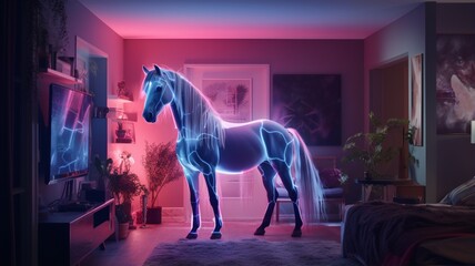 Horse standing neon bedroom wall next horse bed illustration picture Ai generated art