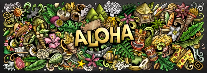Crédence de cuisine en verre imprimé Noir Aloha Hawaii doodle cartoon funny banner