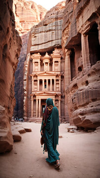 Tourist in the ancient city of Petra, Jordan. Petra is one of the New Seven Wonders of the World.