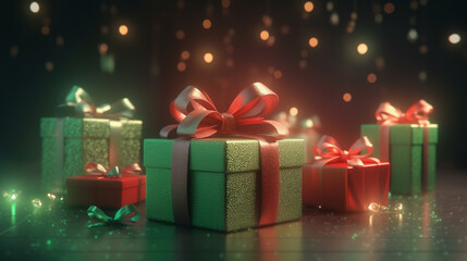 Beautiful boxes with New Year's gifts on a bright background with light reflections