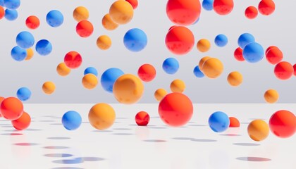 Schwebende Kugeln in blau, gelb und rot. Weißer Hintergrund. Für Präsentationen oder Hintergründe geeignet.