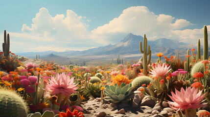 A blooming desert with flowers and cacti - obrazy, fototapety, plakaty