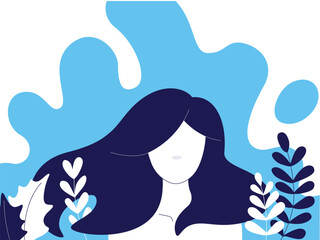 Winter vector illustration. Girl portrait on a blue background with plants, leaves. Cosy illustration. A vector image of a girl with long hair, making the perfect composition to complement the text.
