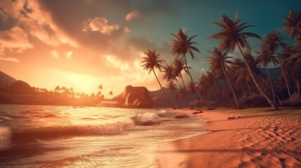 Fototapeta na wymiar Sunset on the beach with palm trees