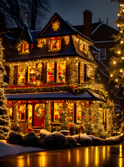 Fototapeta premium Cozy Christmas closeup neon lights cinematic.