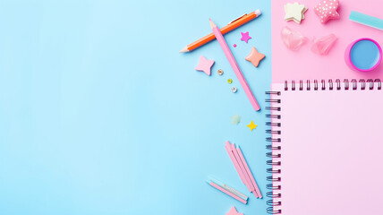 Pink notebook, pen and school supplies on a blue background