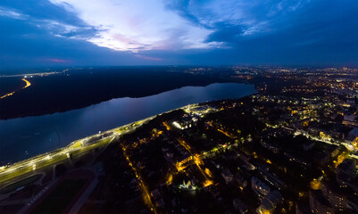 Kaluga, Russia. Yachensky reservoir. Night city. Aerial view