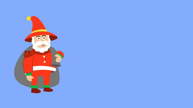 Animated cartoon Santa Claus with a bag of presents on a blue background. Suitable for Christmas-themed designs, greeting cards, or holiday advertisements.