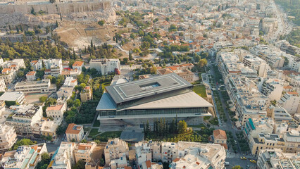 Athens, Greece. Acropolis Museum in the light of the morning sun. Summer, Aerial View