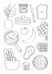 Hand drawn breakfast food elements with fried egg, bread, fruit, pie, cupcake and pancakes cartoon illustration