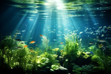 under the water showing some plants under water with sun coming out of them - obrazy, fototapety, plakaty