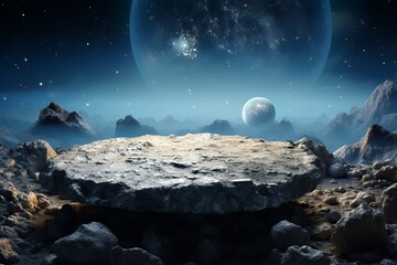 Moon rock table on a beautiful moon background - obrazy, fototapety, plakaty