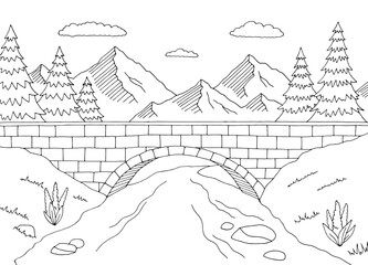 Bridge river graphic black white landscape sketch illustration vector  - obrazy, fototapety, plakaty