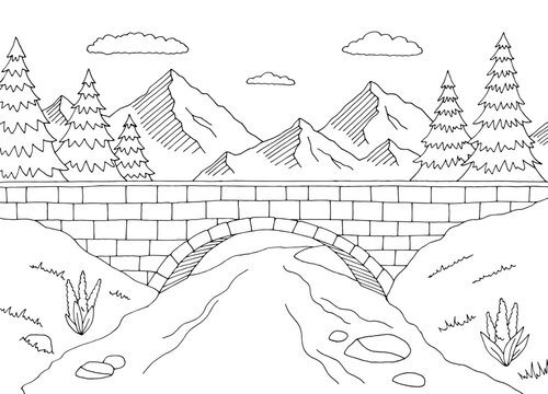Bridge river graphic black white landscape sketch illustration vector 
