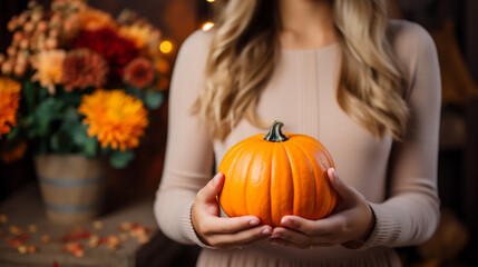 Young woman holding a pumpkin in her hands. Close-up.