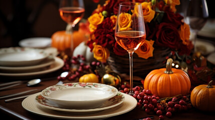 Fototapeta na wymiar Festive table setting with pumpkins, candles, wine glasses and autumn decor