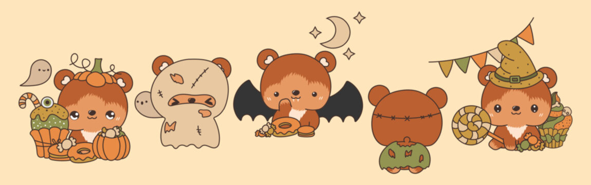 Set of Vector Halloween Bear Illustrations. Collection of Kawaii Isolated Halloween Forest Animal