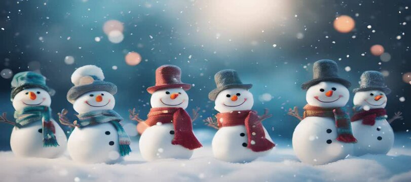 Six funny snowmen in hats and scarves in the snow on a blue background and lights. Abstract bokeh backdrop. New year and Christmas background footage. Generative AI