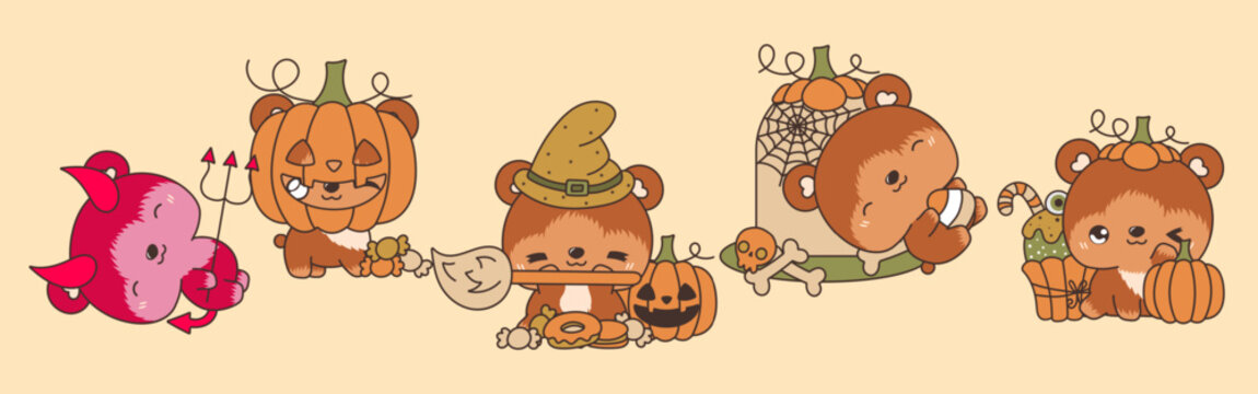 Set of Kawaii Halloween Bear. Collection of Cute Vector Halloween Forest Animal Illustrations