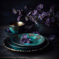 dishes with purple flowers set next, in the style of moody tonalism, dark gold and light cyan, photo taken with nikon d750, organic texture, dark green, award-winning, fairytale-inspired