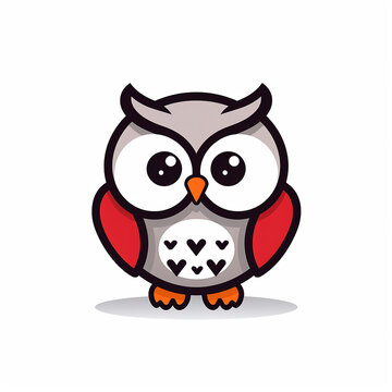 Kawaii owl, minimal vector with simple shapes and bold outlines illustration on a white b ackground.