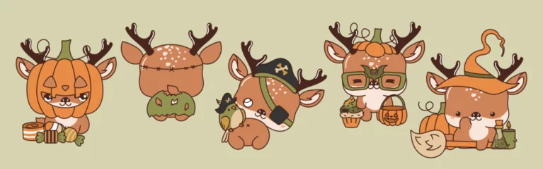 Muurstickers Aap Collection of Vector Halloween Deer Art. Set of Isolated Halloween Forest Animal Illustration