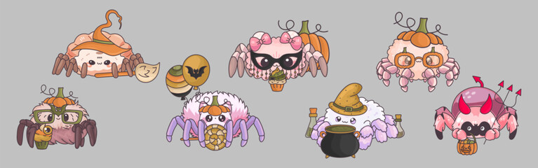 Cartoon Clipart Halloween Spider. Cute Vector Illustration of a Kawaii Spider for Halloween Stickers
