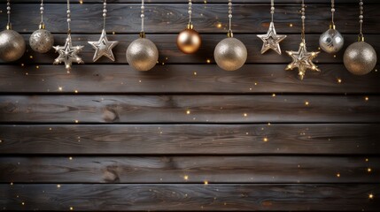 Christmas background. Christmas fir tree and decorations on dark wooden table.