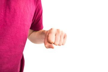 Man in t-shirt with clenched fist in PNG isolated on transparent background