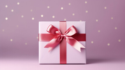 A pink gift box with a red bow and ribbons on a pink background