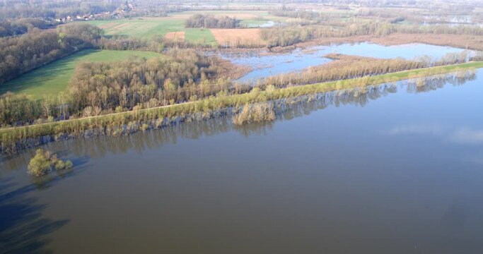 Aerial footage of flooded floodplain in Lonjsko polje in early spring, Croatia