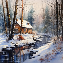 House in Forest Winter, Watercolor