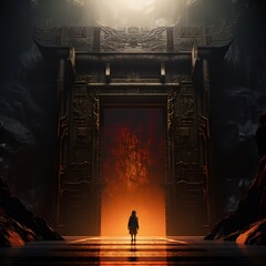 A terrifying hell space, in the middle of which stood a long vertical stone door engraved with ancient Sanskrit fonts in a classical Chinese style. Dark red light shone from the stone door.