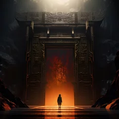 Wandcirkels tuinposter A terrifying hell space, in the middle of which stood a long vertical stone door engraved with ancient Sanskrit fonts in a classical Chinese style. Dark red light shone from the stone door. © TechBoardMastermind