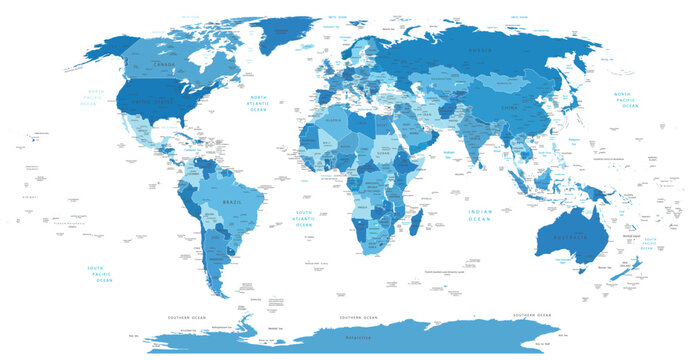 High Detail World map.All elements are separated in editable layers clearly labeled. Vector Blue