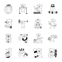 Pack of Athletic Bear Cute Glyph Stickers 

